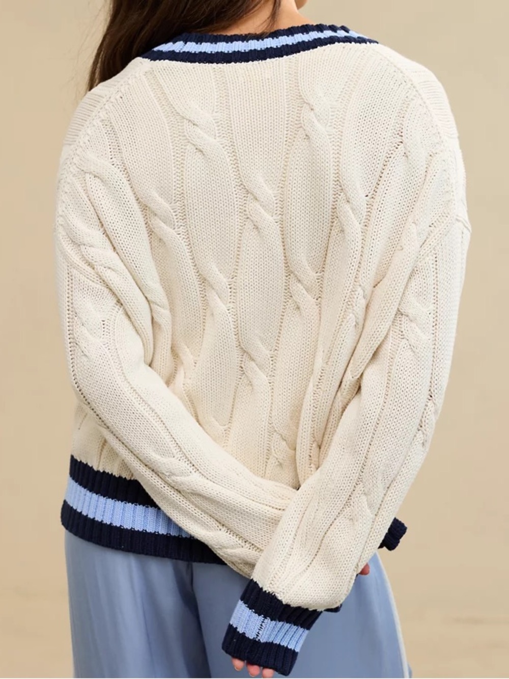 Cream & Blue Cropped Cable Knit V-Neck Varsity Sweater - Picture 3 of 8